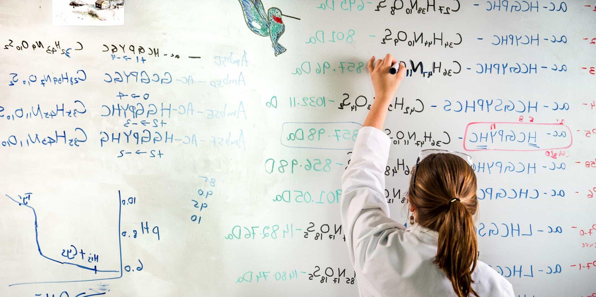 Chemistry student writing molecular equations on a whiteboard