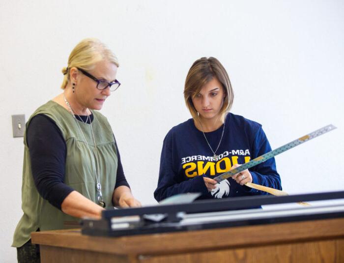 Art professor and student working on a project.