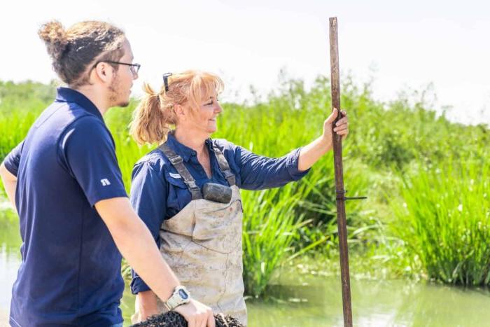 Environmental scientist instructing student in water