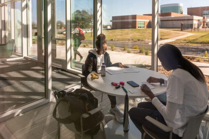 Students studying in large atrium space