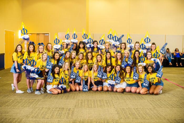 A group of Alpha Phi females posing.